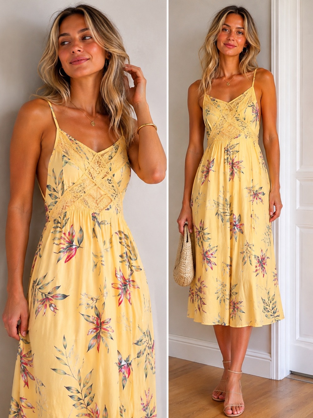 Roxy Yellow Floral Midi Dress - Small